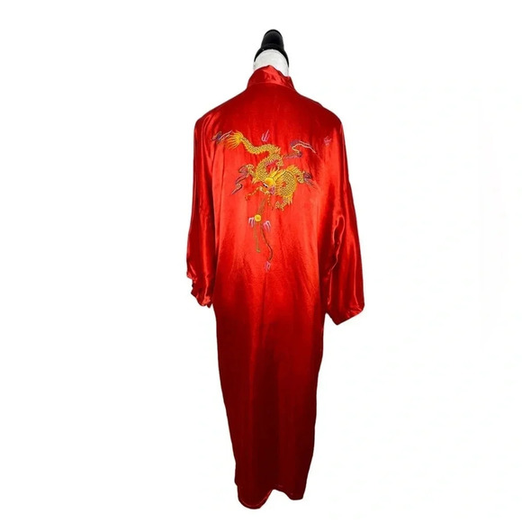 Vintage Mid Century Hand Embroidered Chinese Dragon Rayon Longline Lounge Robe - Picture 8 of 14